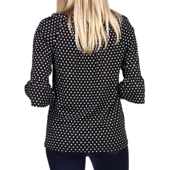 New Michael Kors Logo Polka Dot Print Flare Sleeve Top Black White Size Small - Picture 2 of 16